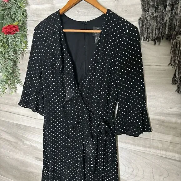 Adrianna Papell Womens Black Polka Dot Ruffle V-Neck Dress Size 0 - Picture 3 of 9